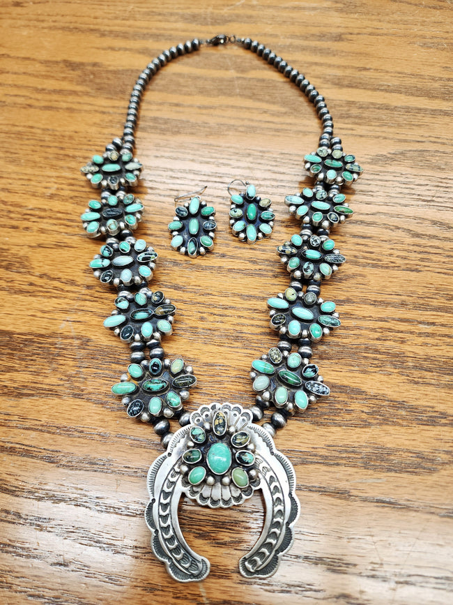 Green Turquoise Squash Blossom Necklace and Earring Set