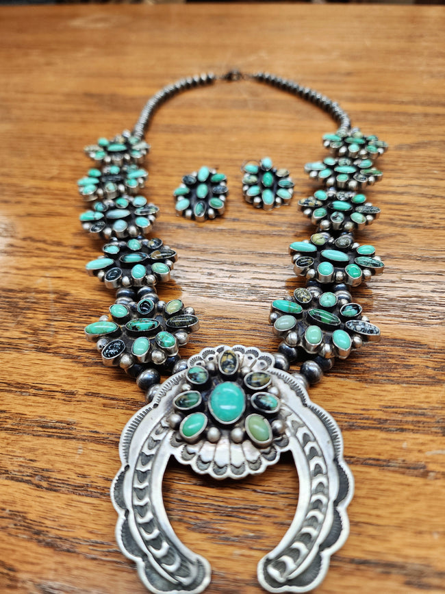 Green Turquoise Squash Blossom Necklace and Earring Set