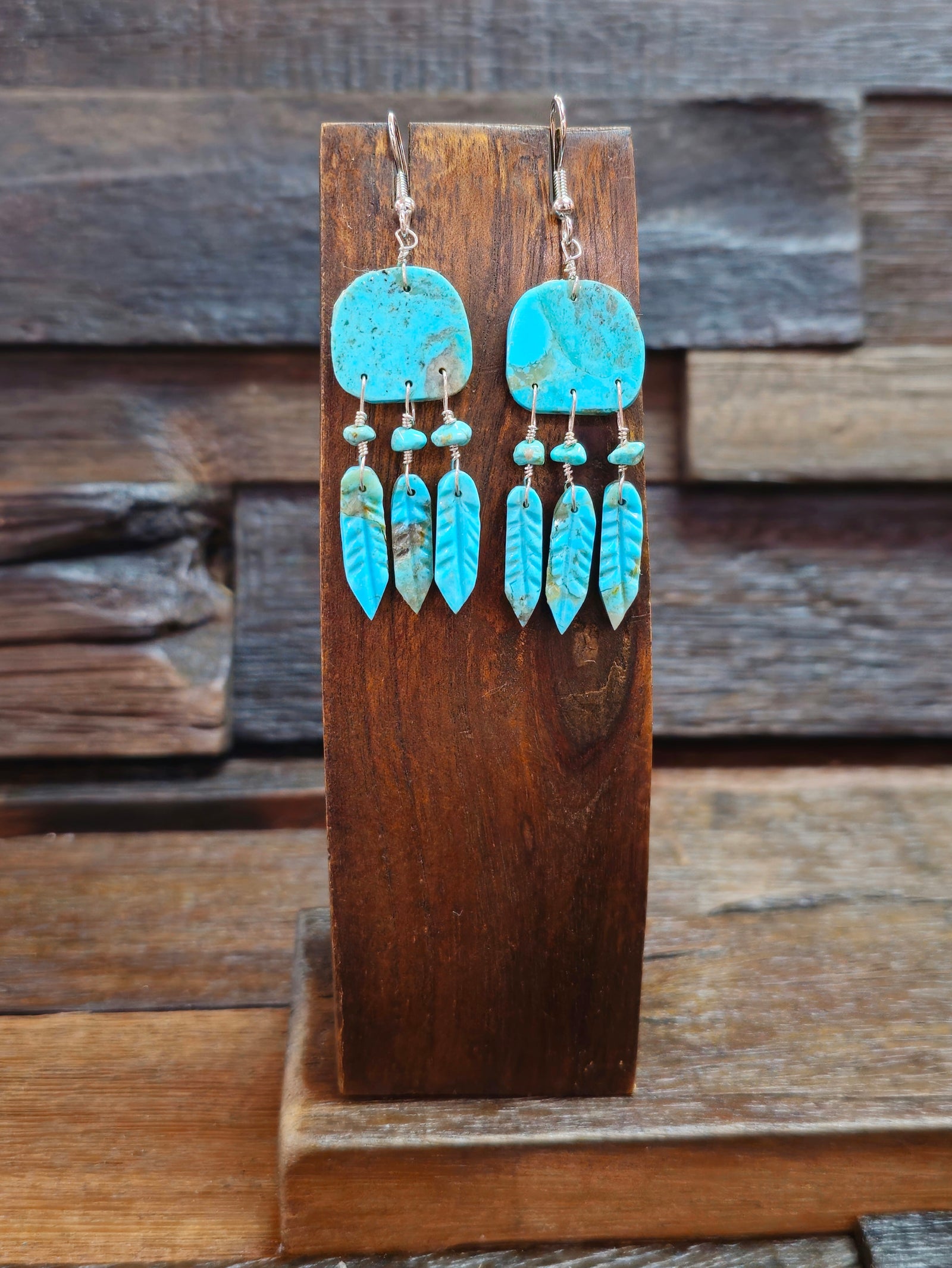 Louise Pete Turquoise Slab Earrings with Feathers