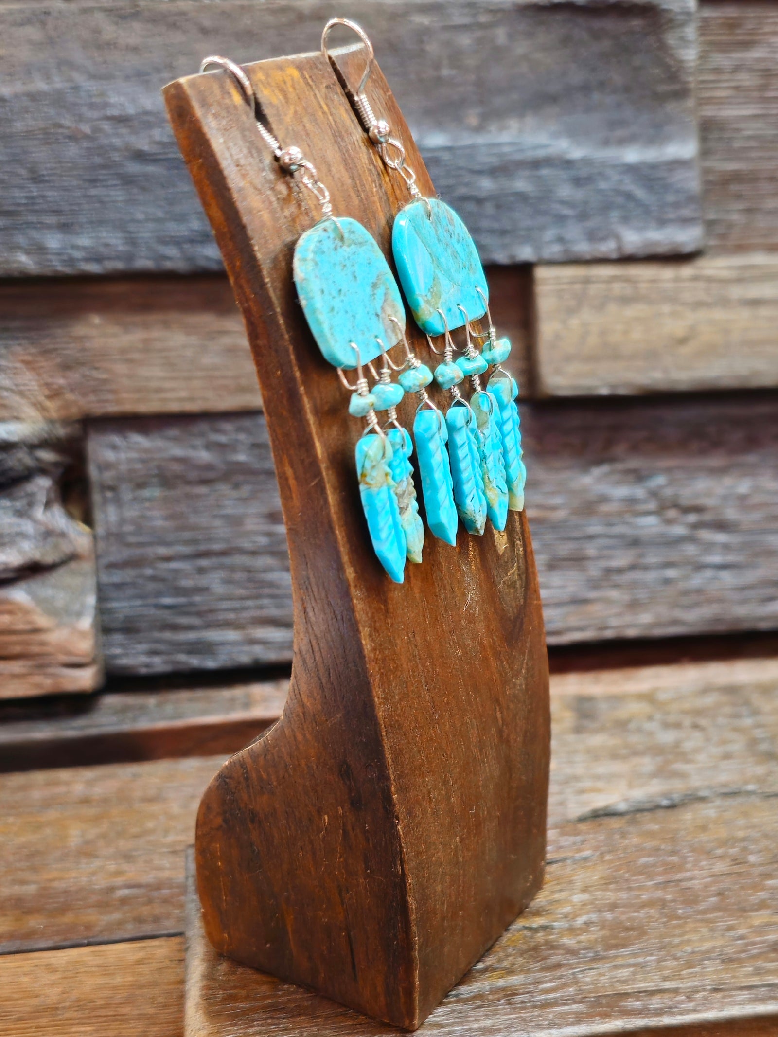 Louise Pete Turquoise Slab Earrings with Feathers