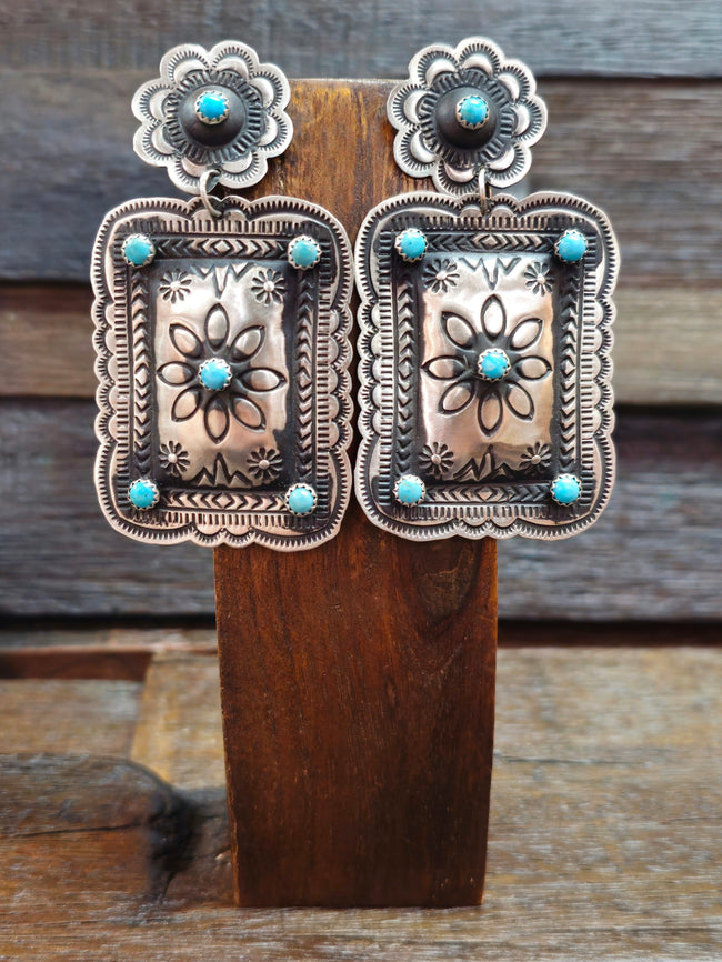 Stamped Sterling Silver Earrings with Turquoise Stones