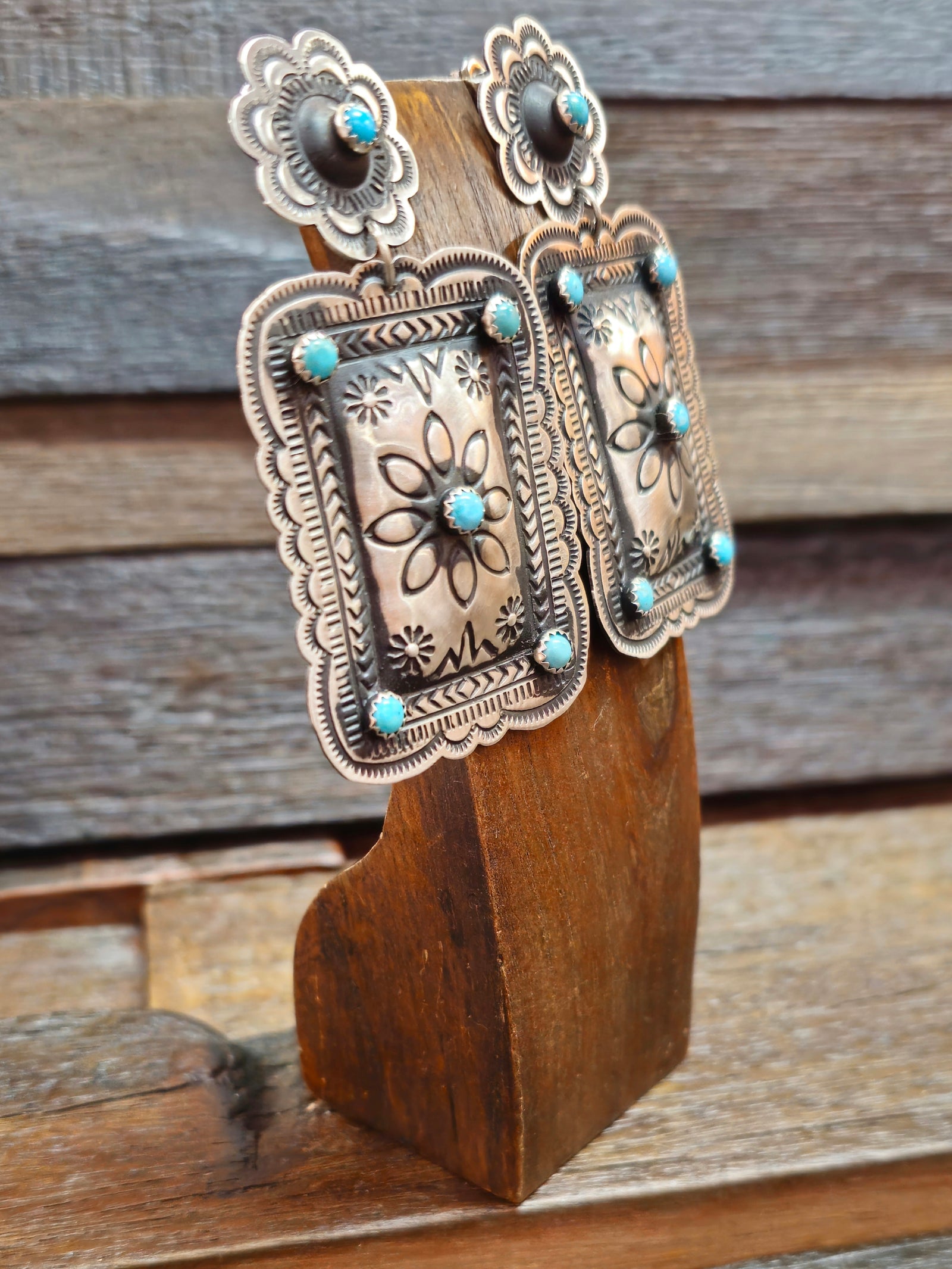 Stamped Sterling Silver Earrings with Turquoise Stones