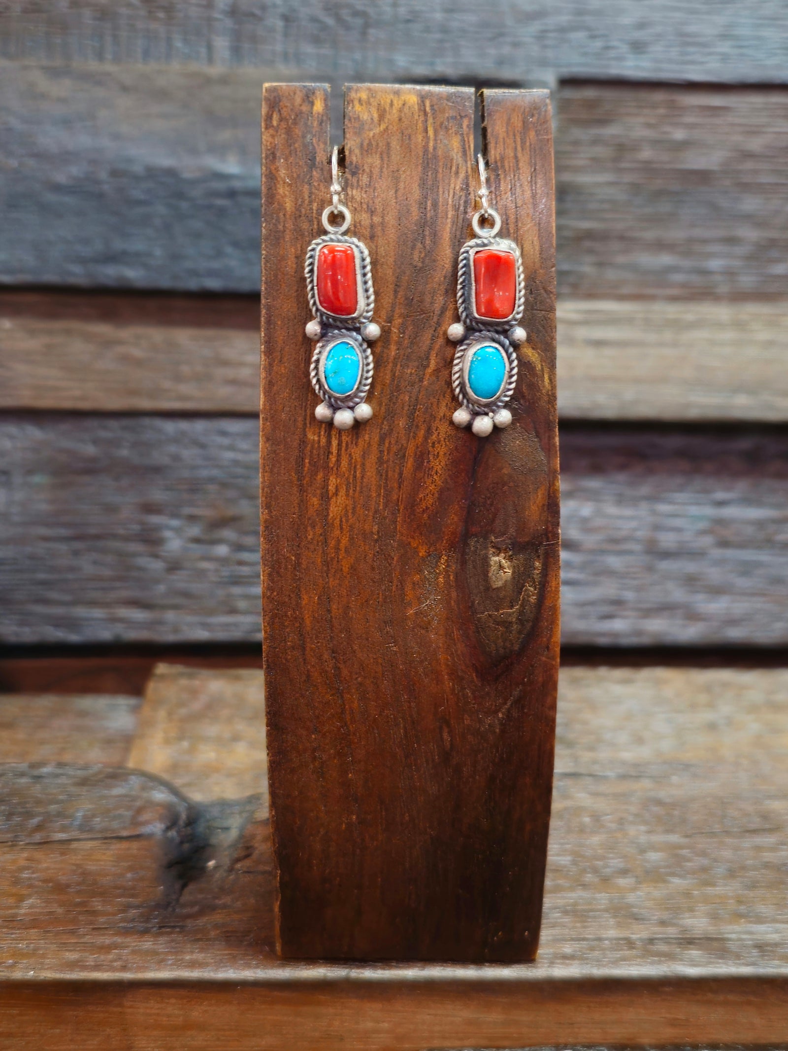 Turquoise and Coral Sterling Silver Earrings