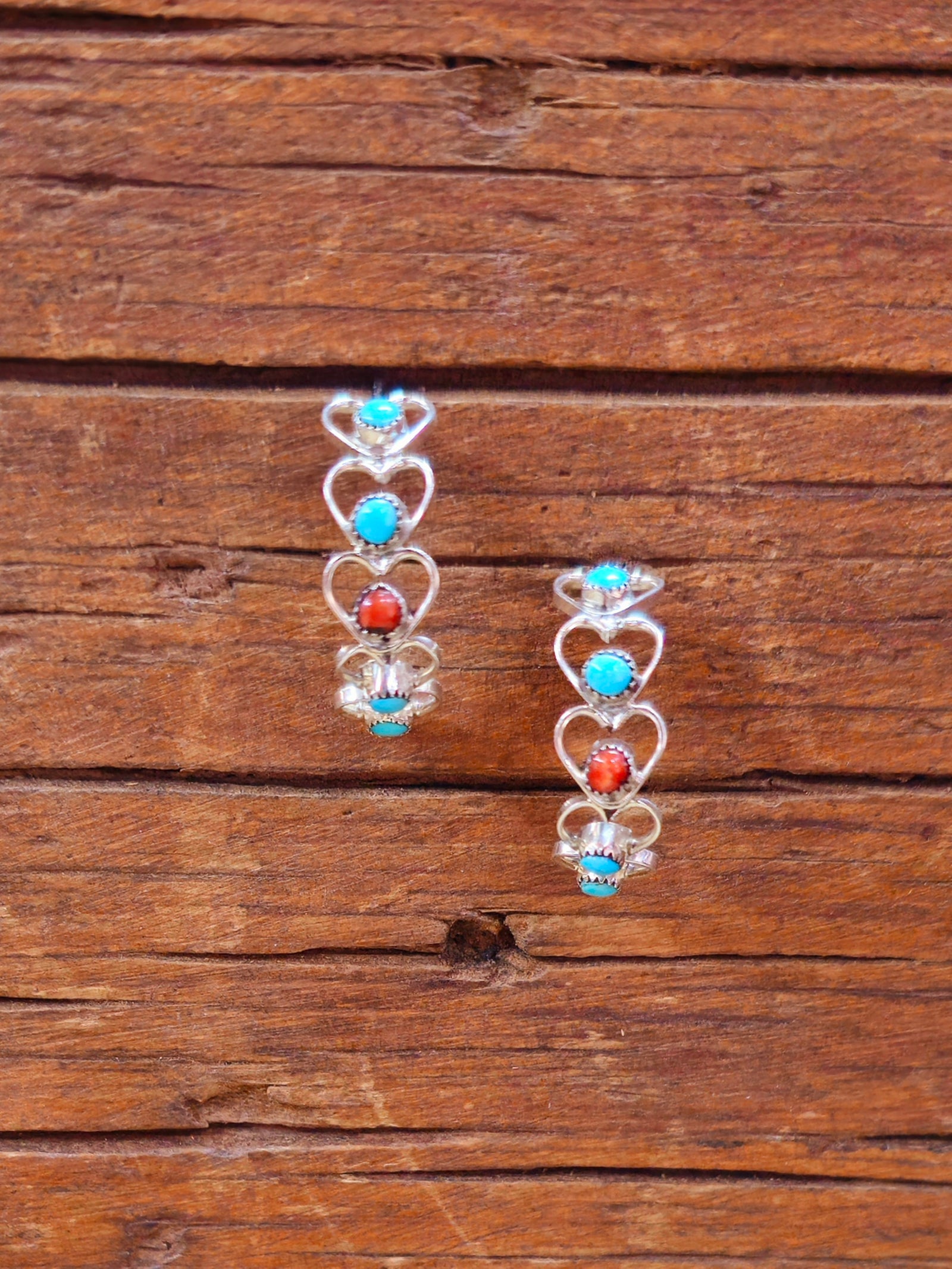 Turquoise and Coral Heart Half-Hoop Earrings