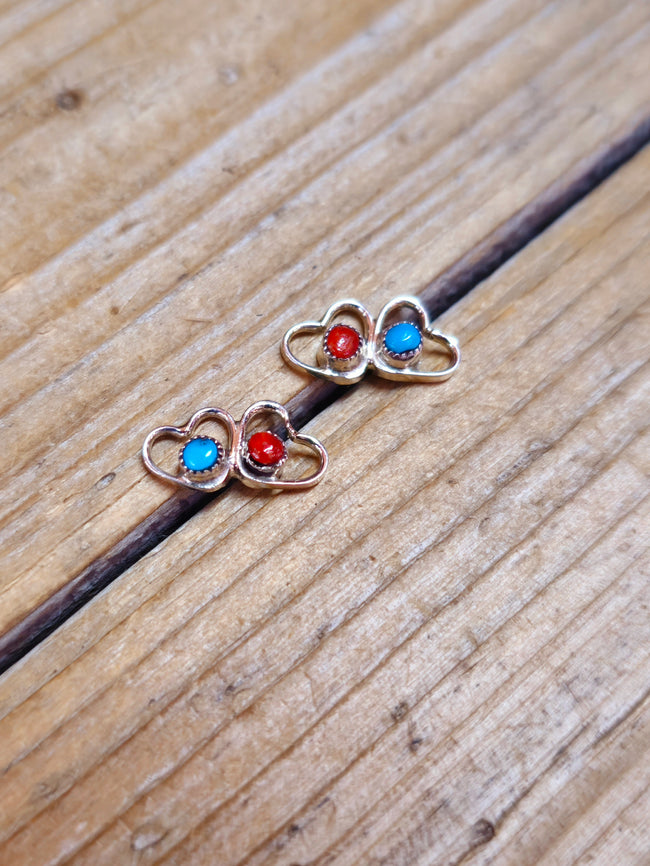 Turquoise and Coral Heart Studs