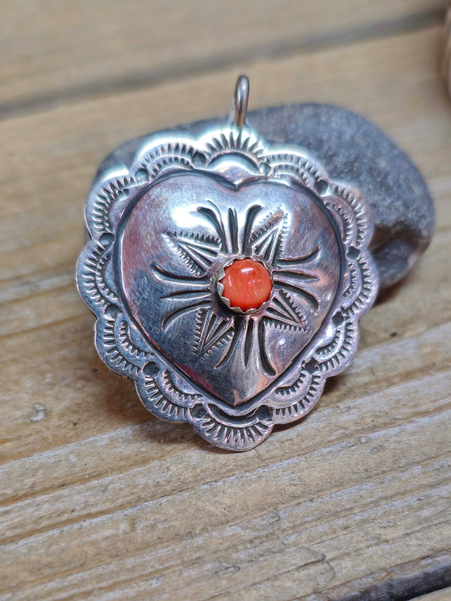 Stamped Sterling Silver and Spiny Heart Pendant by J. Blackgoat