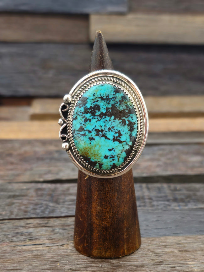 Large Turquoise and Sterling Silver Ring by Leslie Nez Size 10