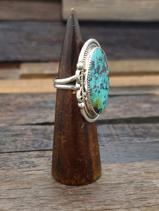 Large Turquoise and Sterling Silver Ring by Leslie Nez Size 10