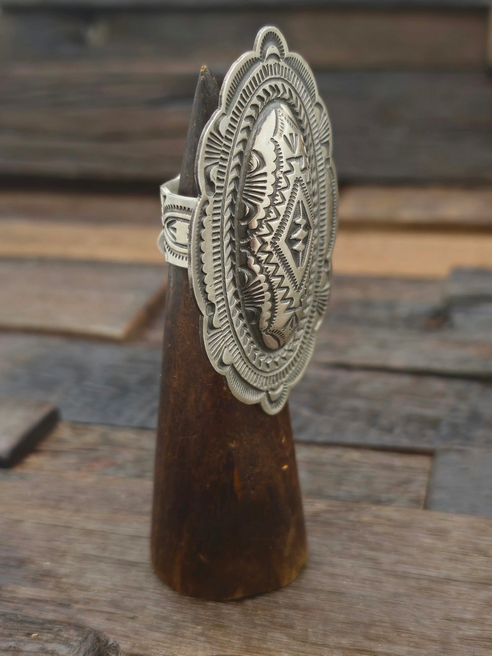 Adjustable Stamped Sterling Silver Ring by Leander Tahe