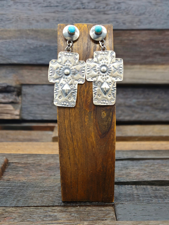 Stamped Sterling Silver Cross Earrings with Turquoise by Gabrielle Yazzie