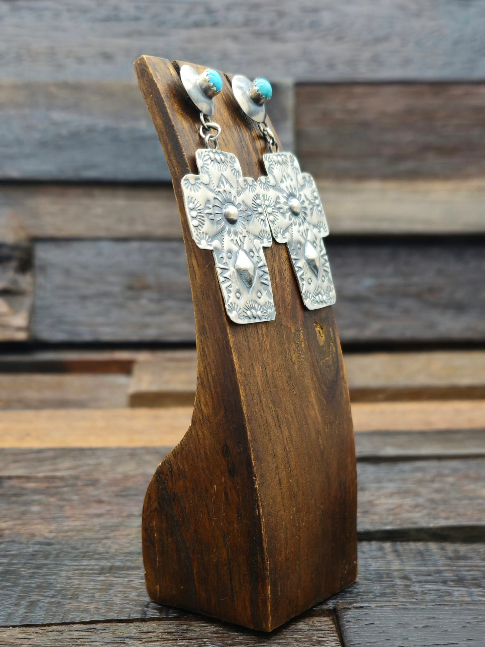 Stamped Sterling Silver Cross Earrings with Turquoise by Gabrielle Yazzie