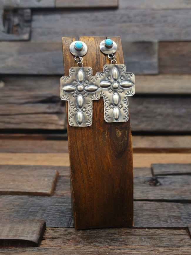 Stamped Sterling Silver Cross Earrings with Turquoise by Gabrielle Yazzie