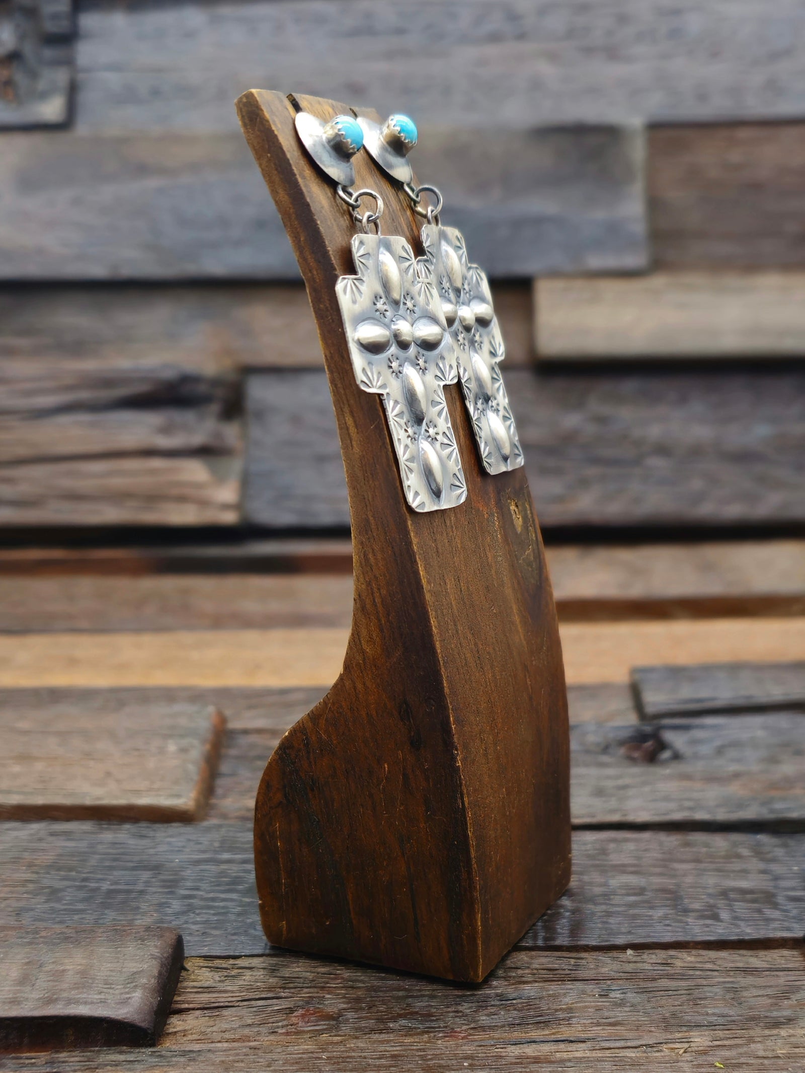 Stamped Sterling Silver Cross Earrings with Turquoise by Gabrielle Yazzie