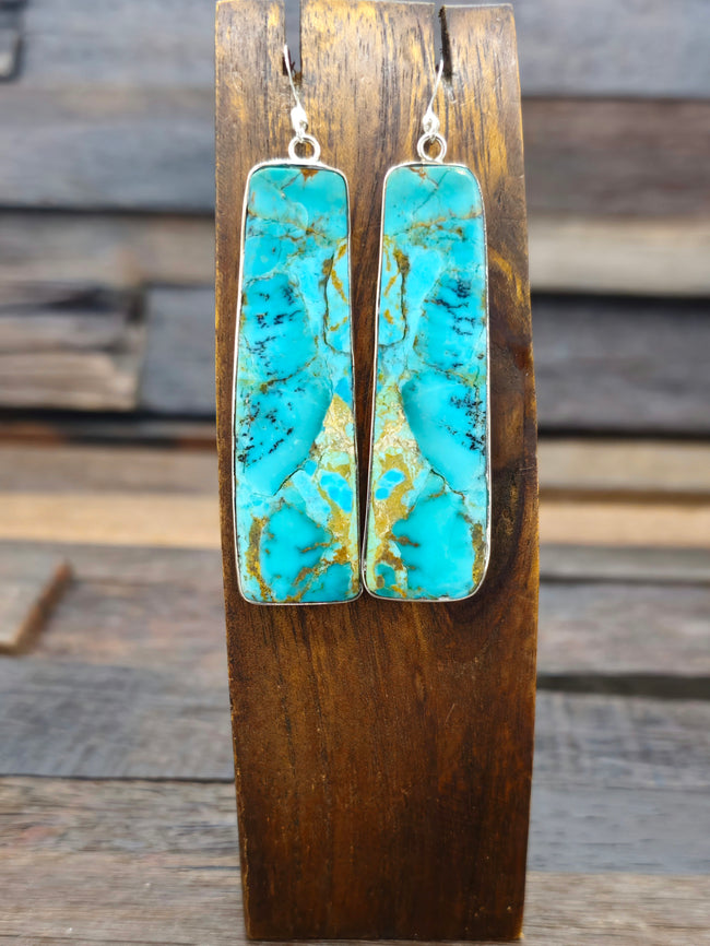 Long Turquoise and Sterling Silver Slab Earrings