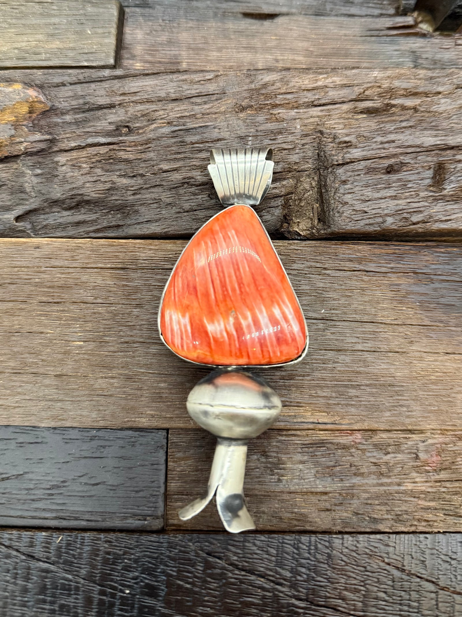 Large Red Spiny Oyster Shell and Blossom Pendant 4 1/4"