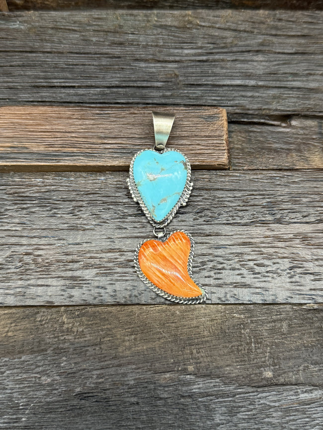 Two-Stone Spiny and Turquoise Heart Pendant by Mary Vandever