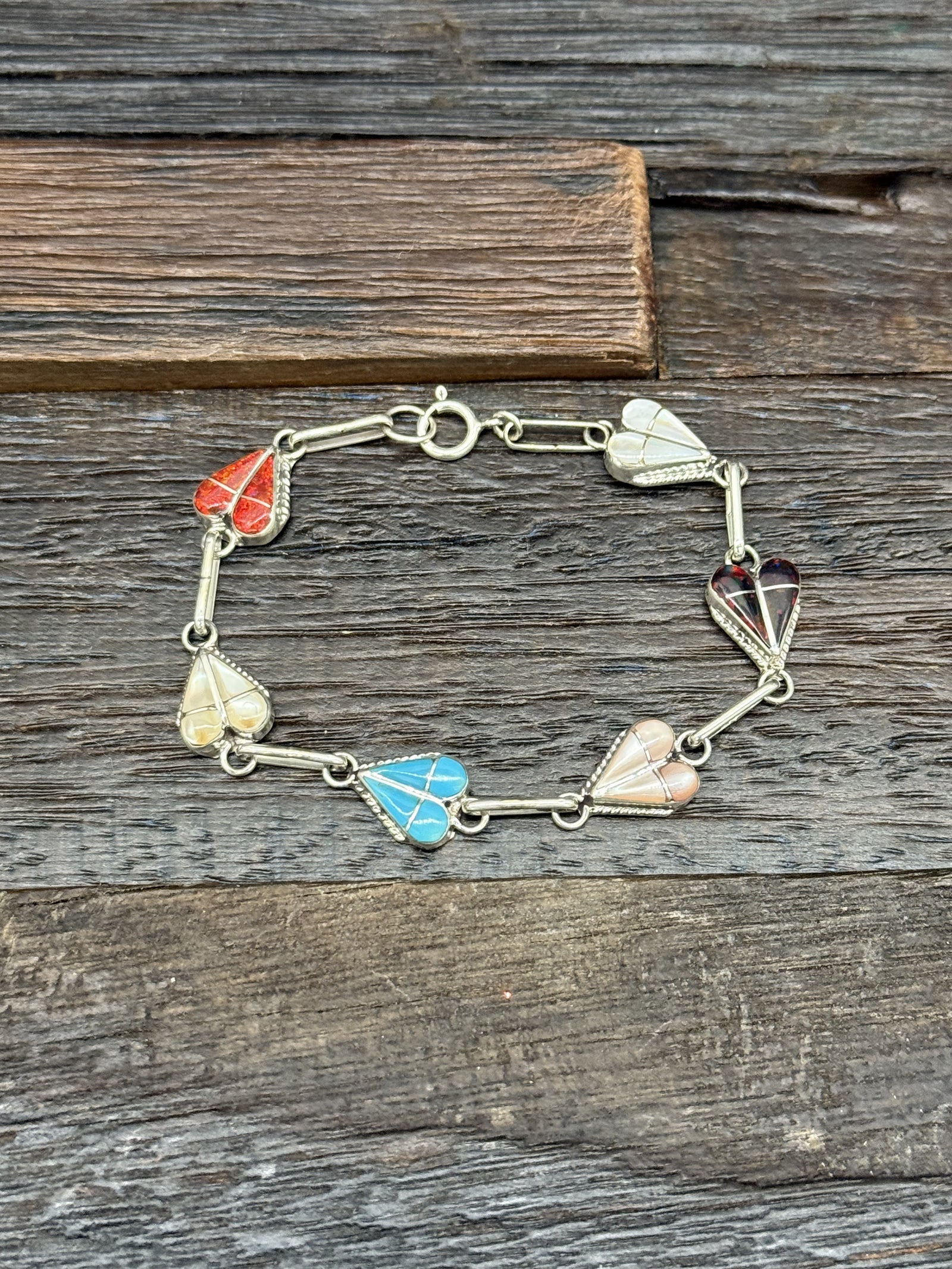 Multi-Stone Zuni Inlay Heart Link Bracelet