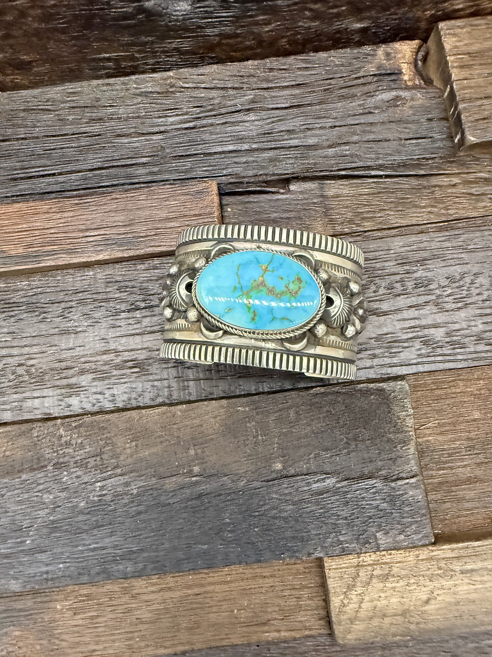 Sterling Silver Stamped & Sonoran Mountain Turquoise Bracelet