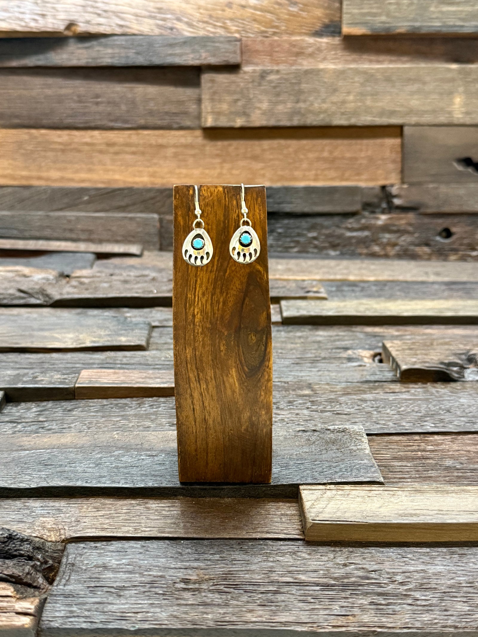 Turquoise Bear Paw Sterling Silver Shadowbox Hook Earrings by Janice Spencer