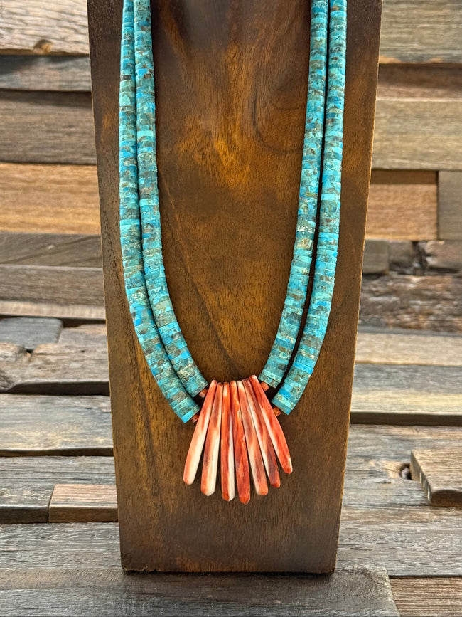 Two-Strand Turquoise and Spiny Oyster Necklace by Lupe Lovato