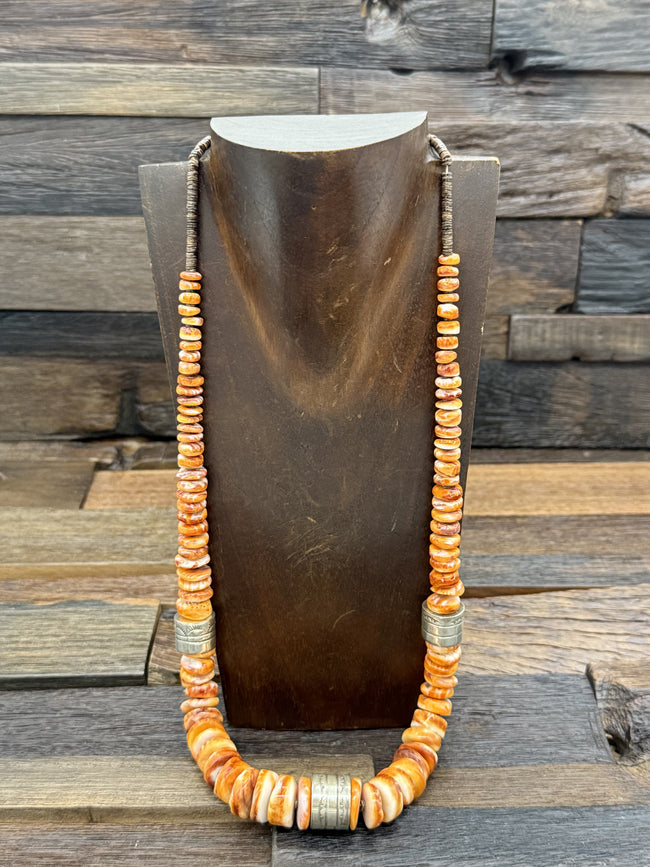 Orange Spiny Oyster, Heishi, and Sterling Silver Necklace by Robert Coriz