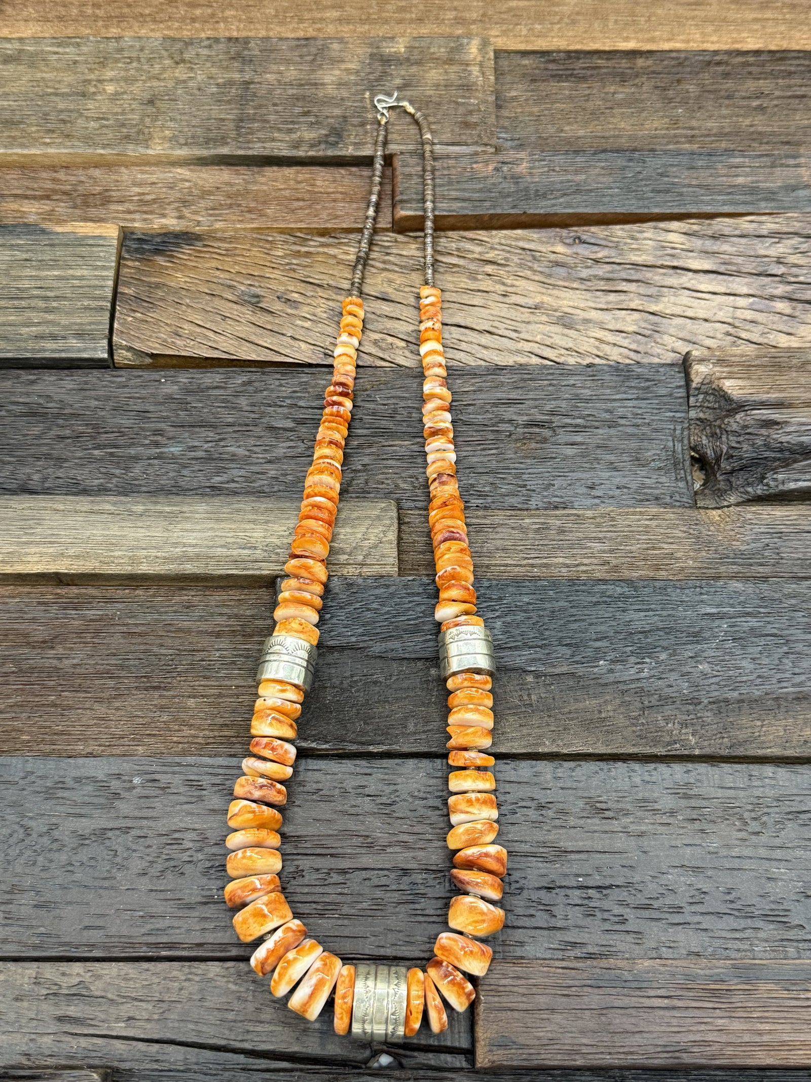 Orange Spiny Oyster, Heishi, and Sterling Silver Necklace by Robert Coriz