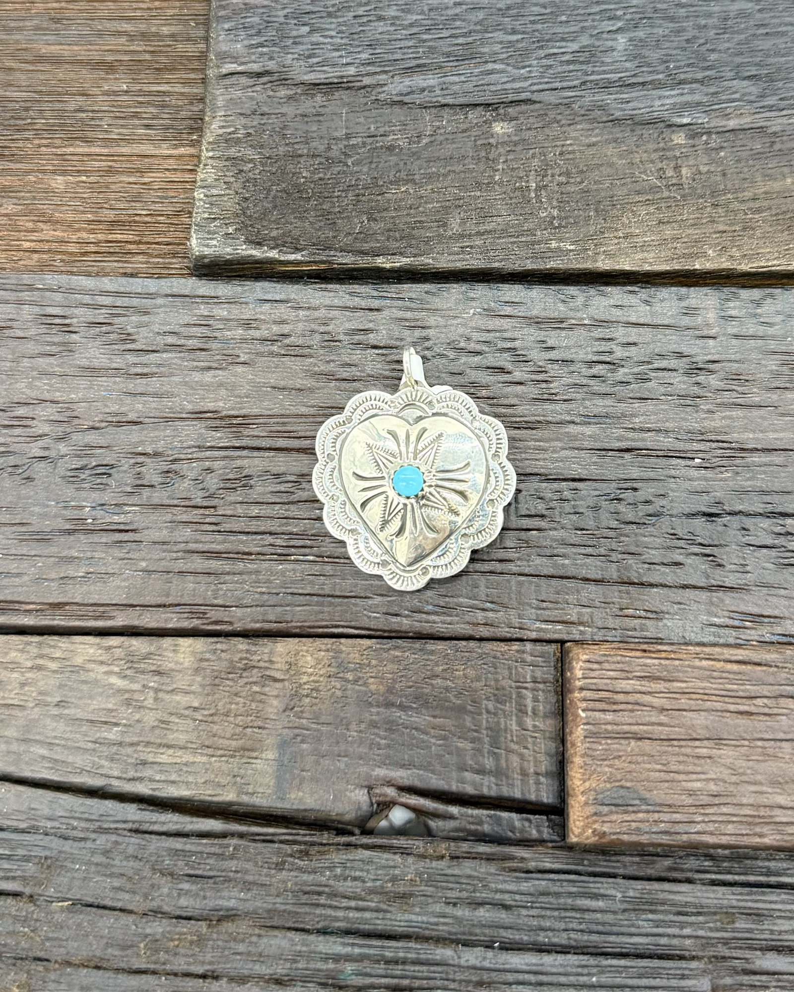 Stamped Sterling Silver and Turquoise Heart Pendant by J. Blackgoat