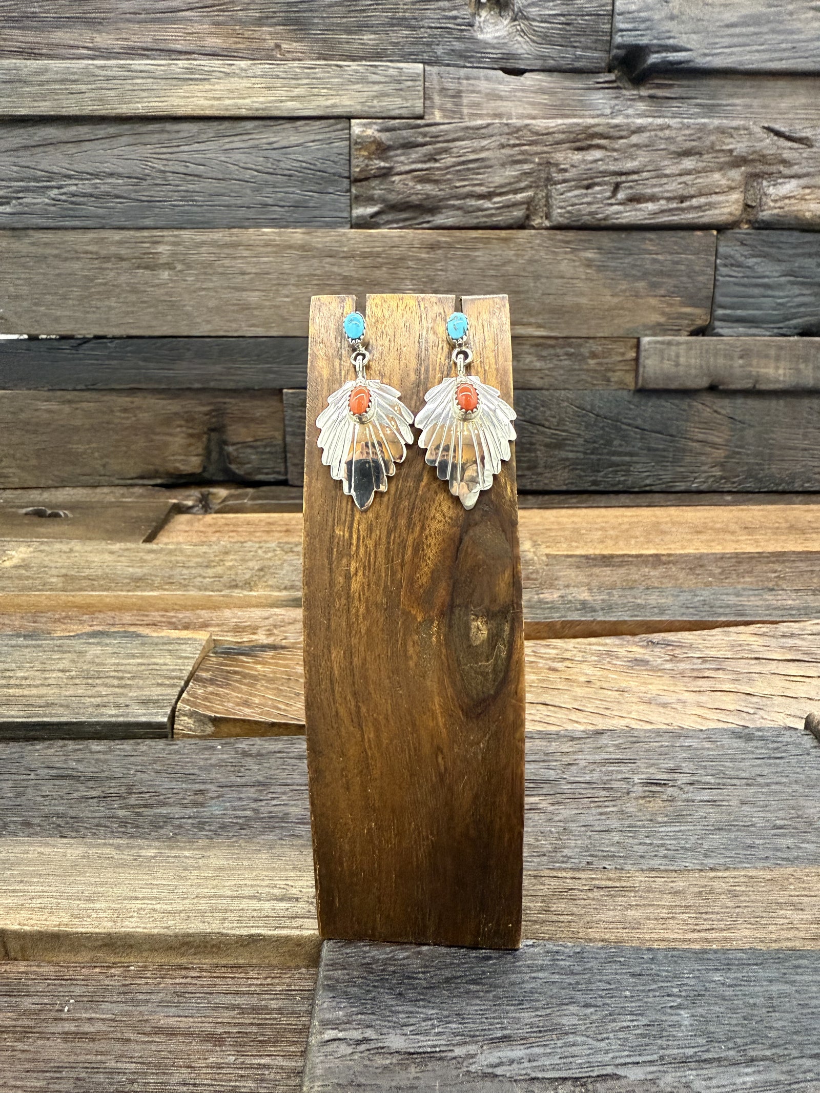 Turquoise and Coral Sterling Silver Feather Earrings by Genevieve Francisco