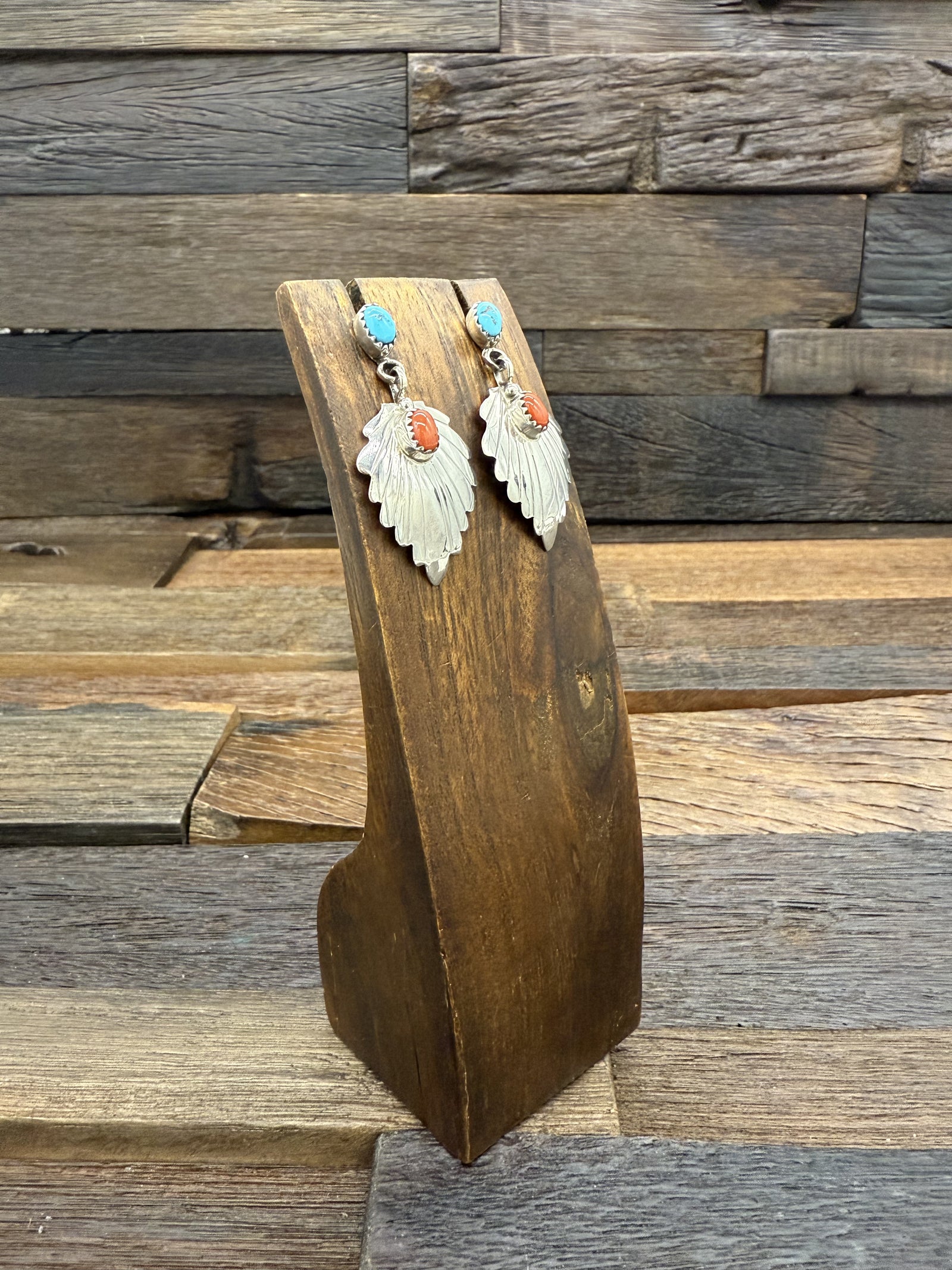 Turquoise and Coral Sterling Silver Feather Earrings by Genevieve Francisco