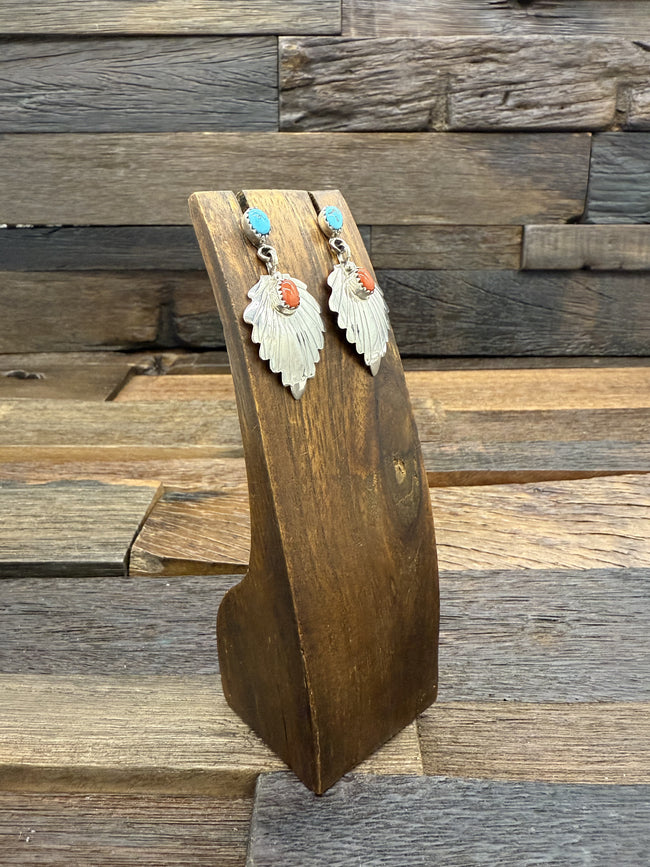 Turquoise and Coral Sterling Silver Feather Earrings by Genevieve Francisco