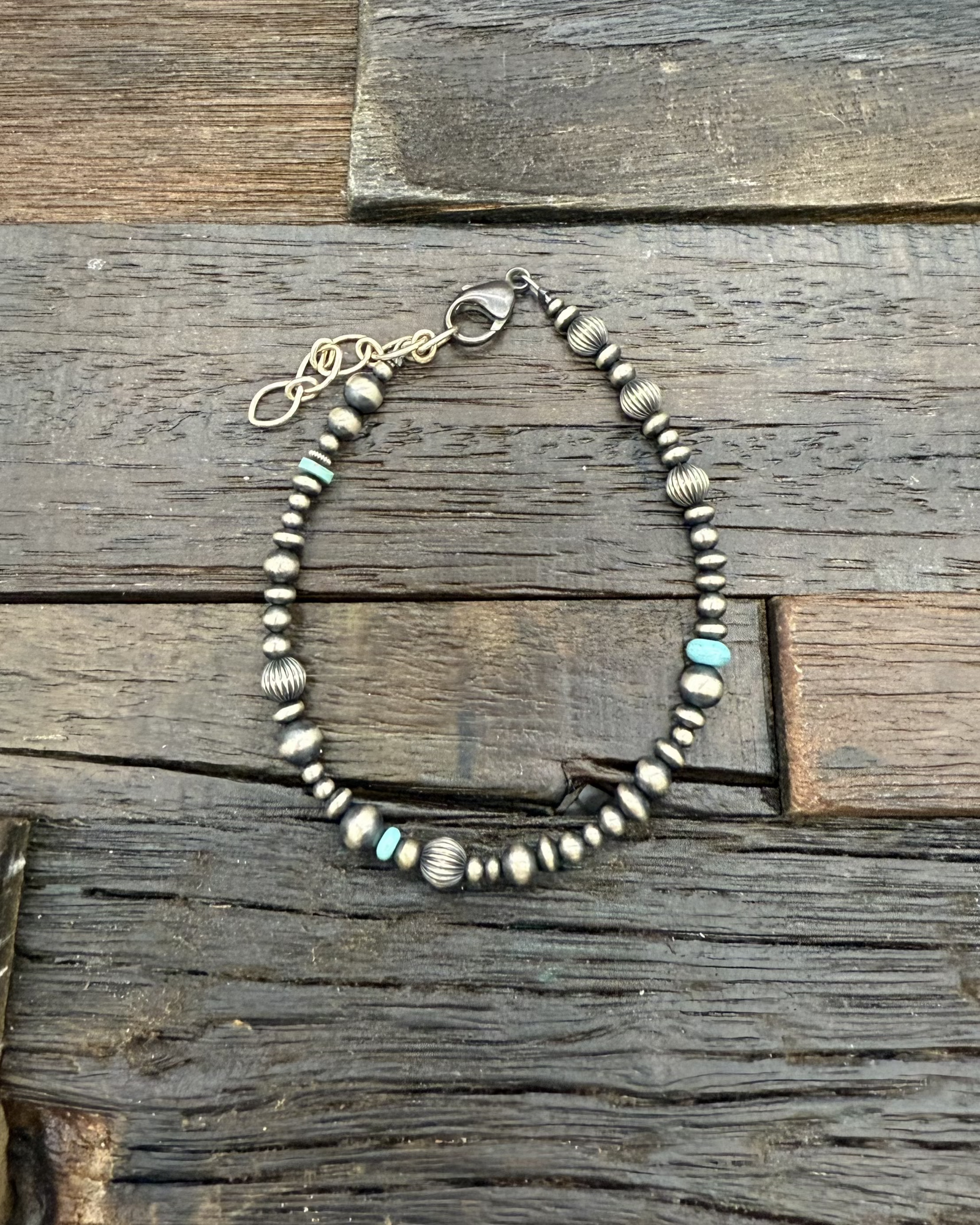 Sterling Silver and Turquoise Bead Bracelet 10 in.