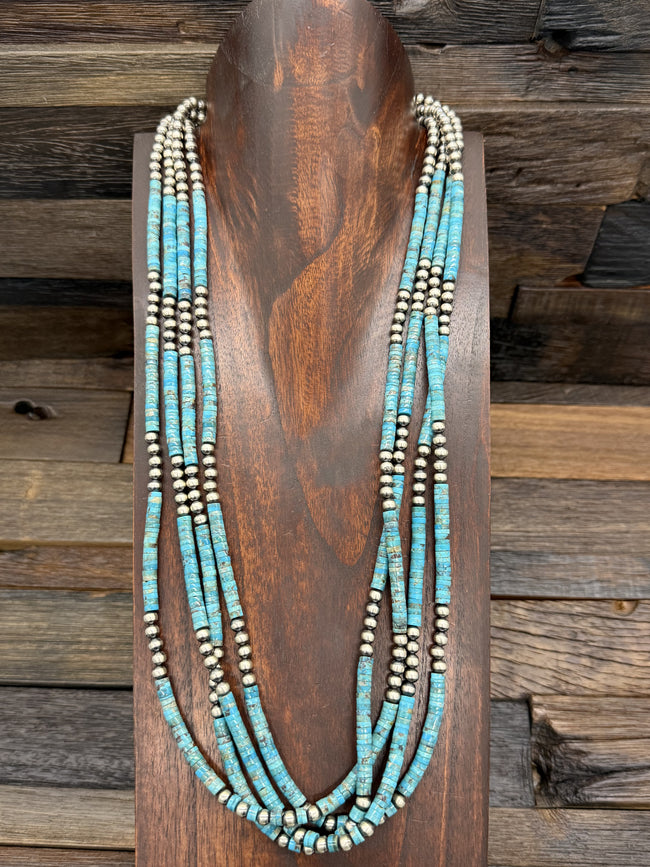 Four-Strand Sterling Silver and Turquoise Heishi Necklace by Fred Archuleta