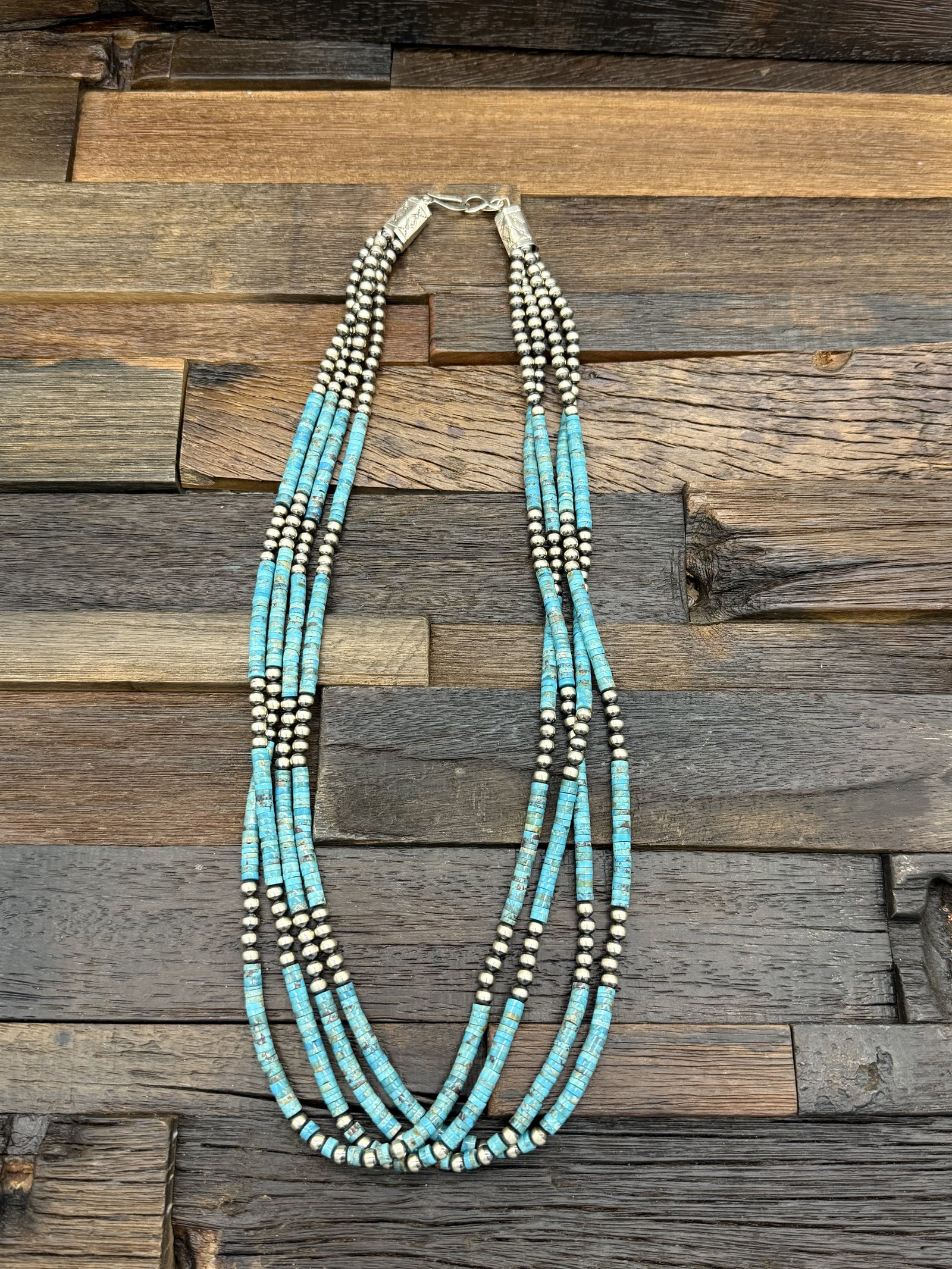 Four-Strand Sterling Silver and Turquoise Heishi Necklace by Fred Archuleta