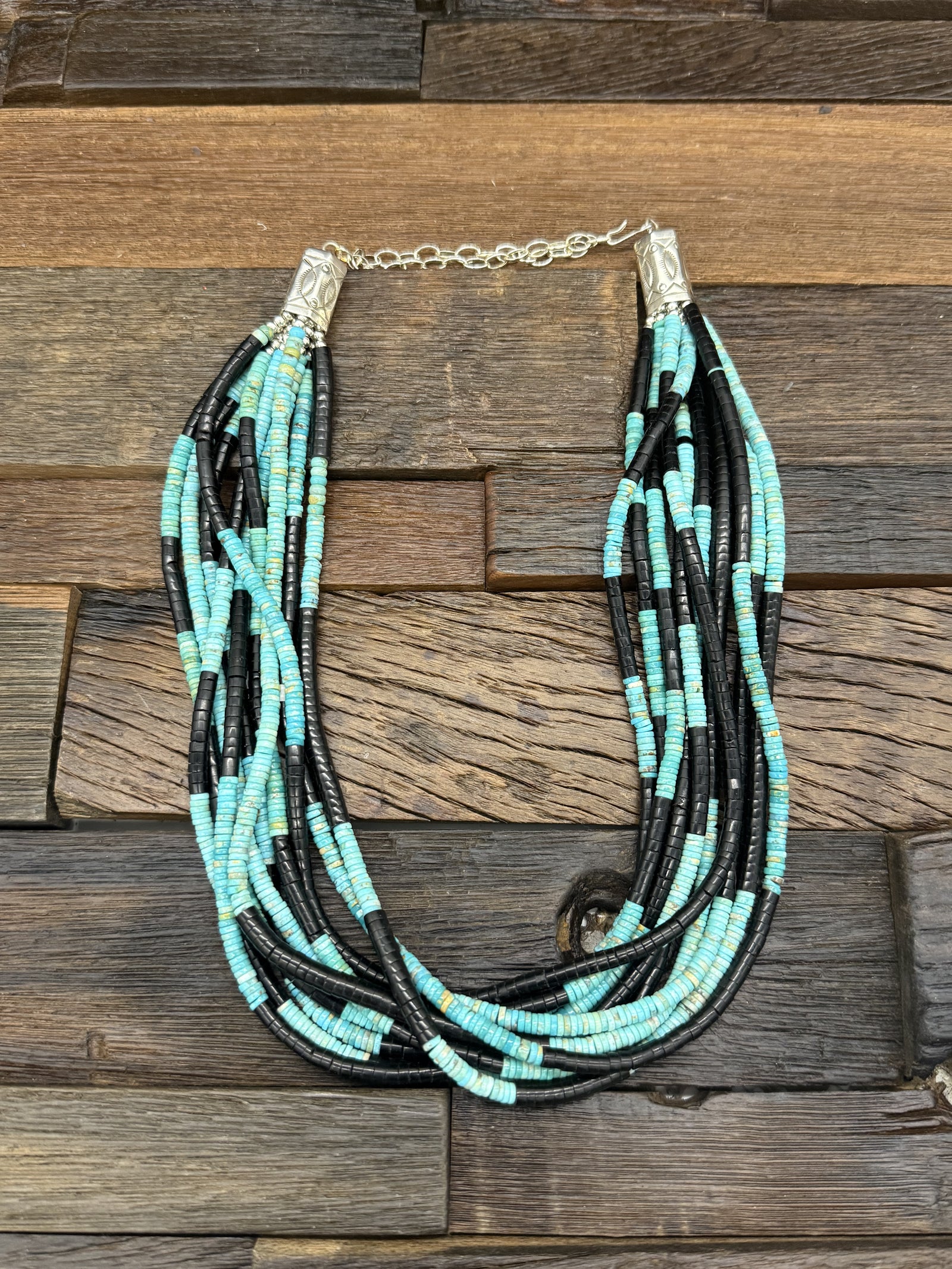 10 Strand Blue Turquoise and Black Jet Necklace by Fred Archuleta