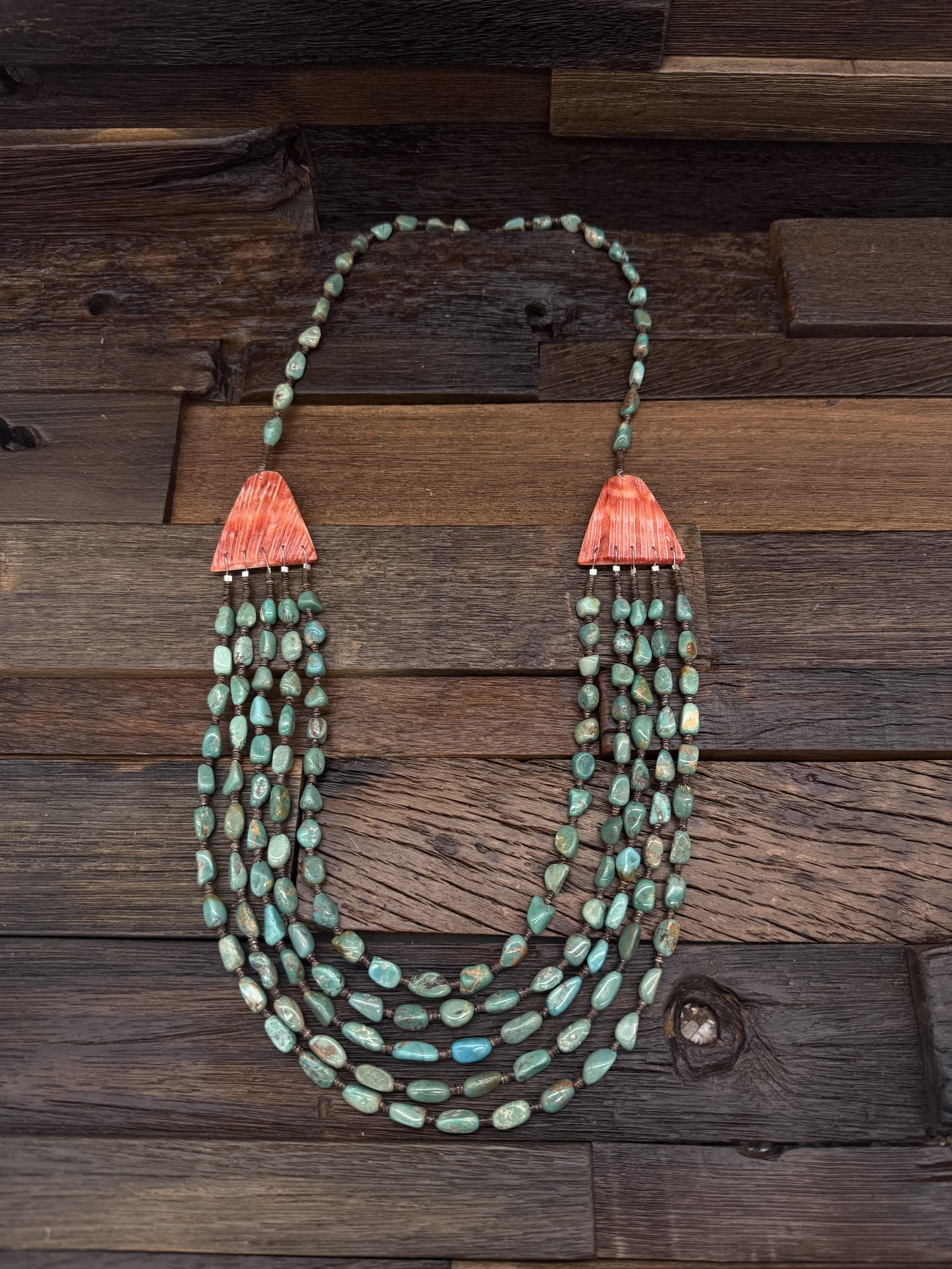 5 Strand Green Turquoise with Spiny Oyster Tabs Necklace by Elaine Lovato