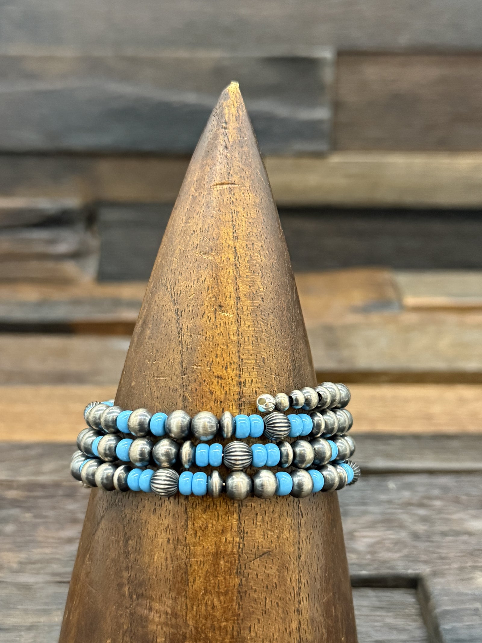 Turquoise and Sterling SIlver Bead Wrap Bracelet