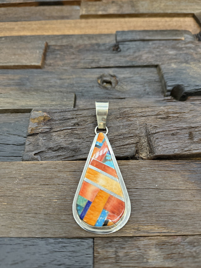 Multi-Stone Teardrop Inlaid Pendant 4 1/4" Daniel Coriz