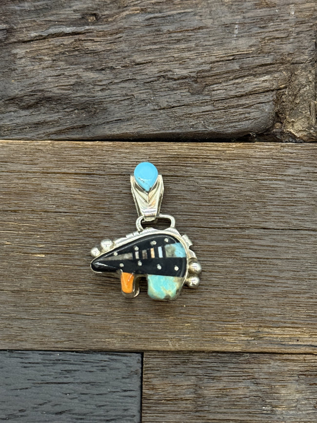 Turquoise and Multi-Color Inlaid Bear Pendant by Ray Jack