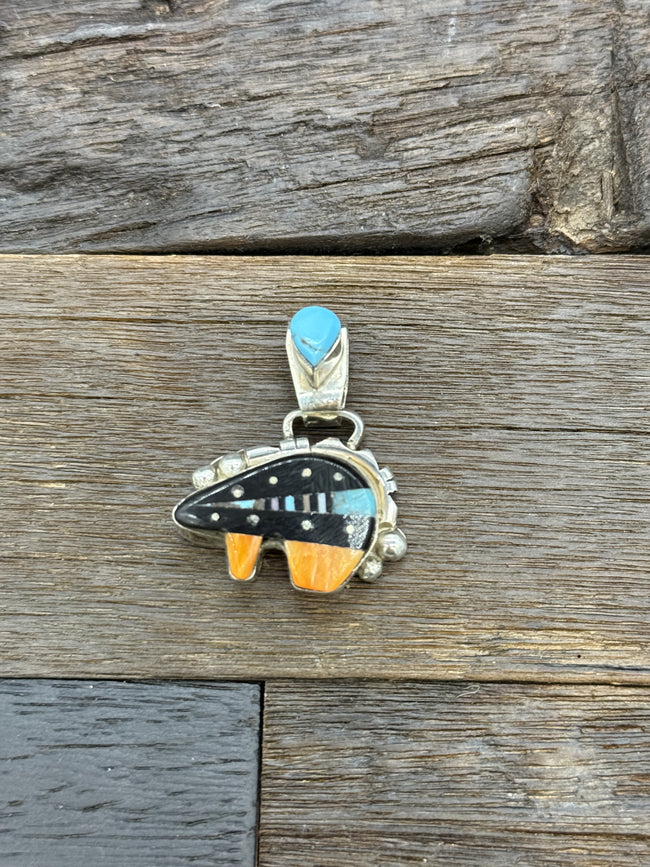 Turquoise and Multi-Color Inlaid Bear Pendant by Ray Jack