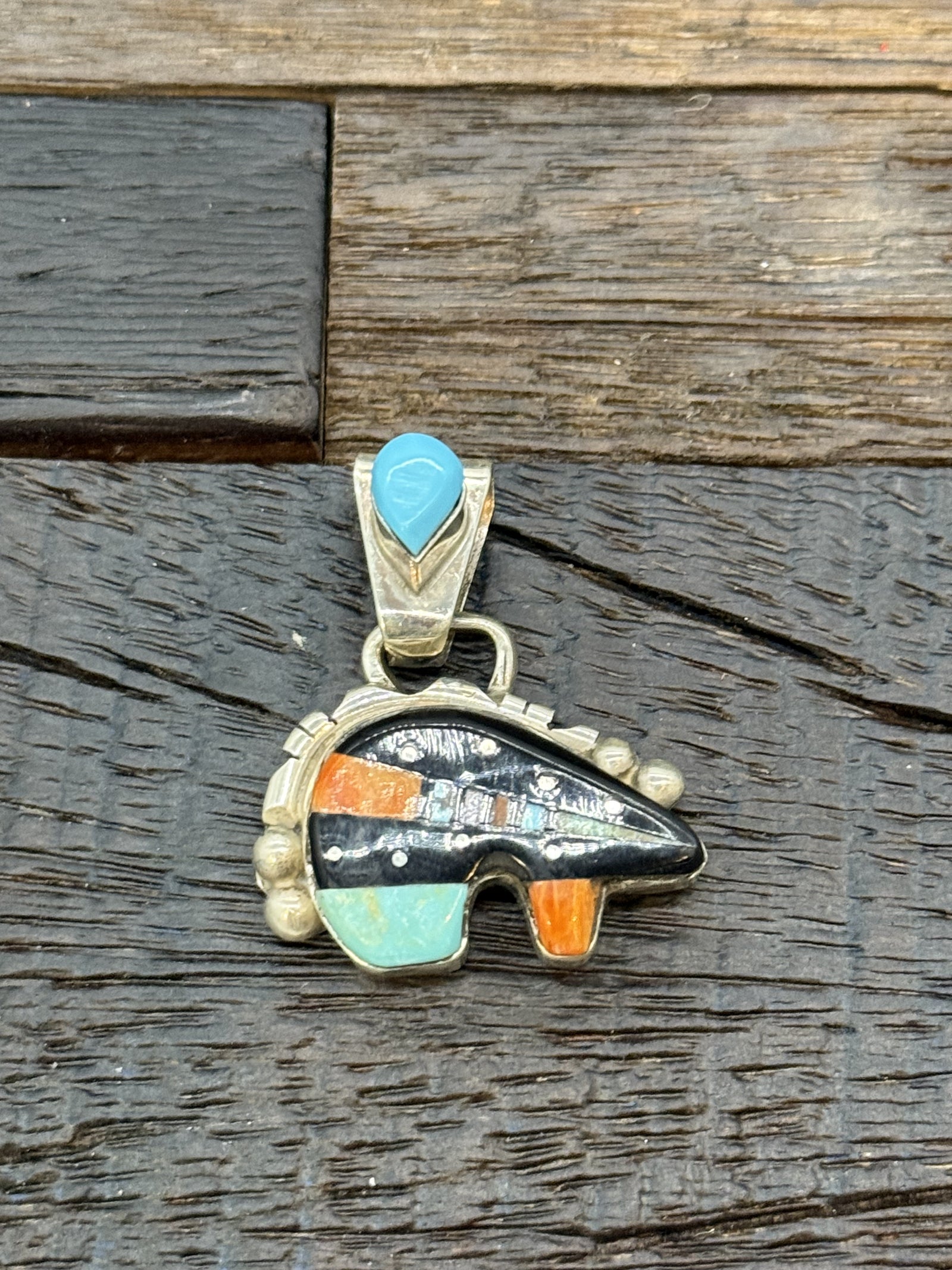 Turquoise and Multi-Color Inlaid Bear Pendant