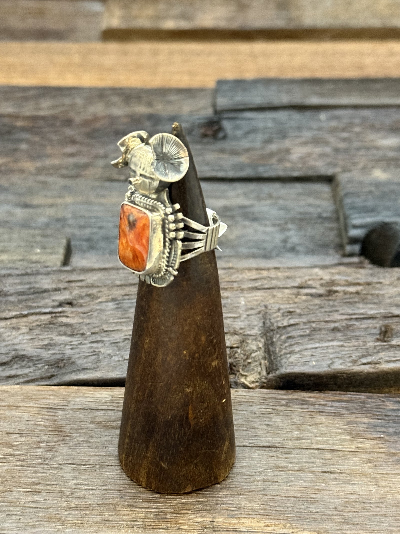 Orange Spiny Oyster Kachina Ring by Bennie Ration Size 6