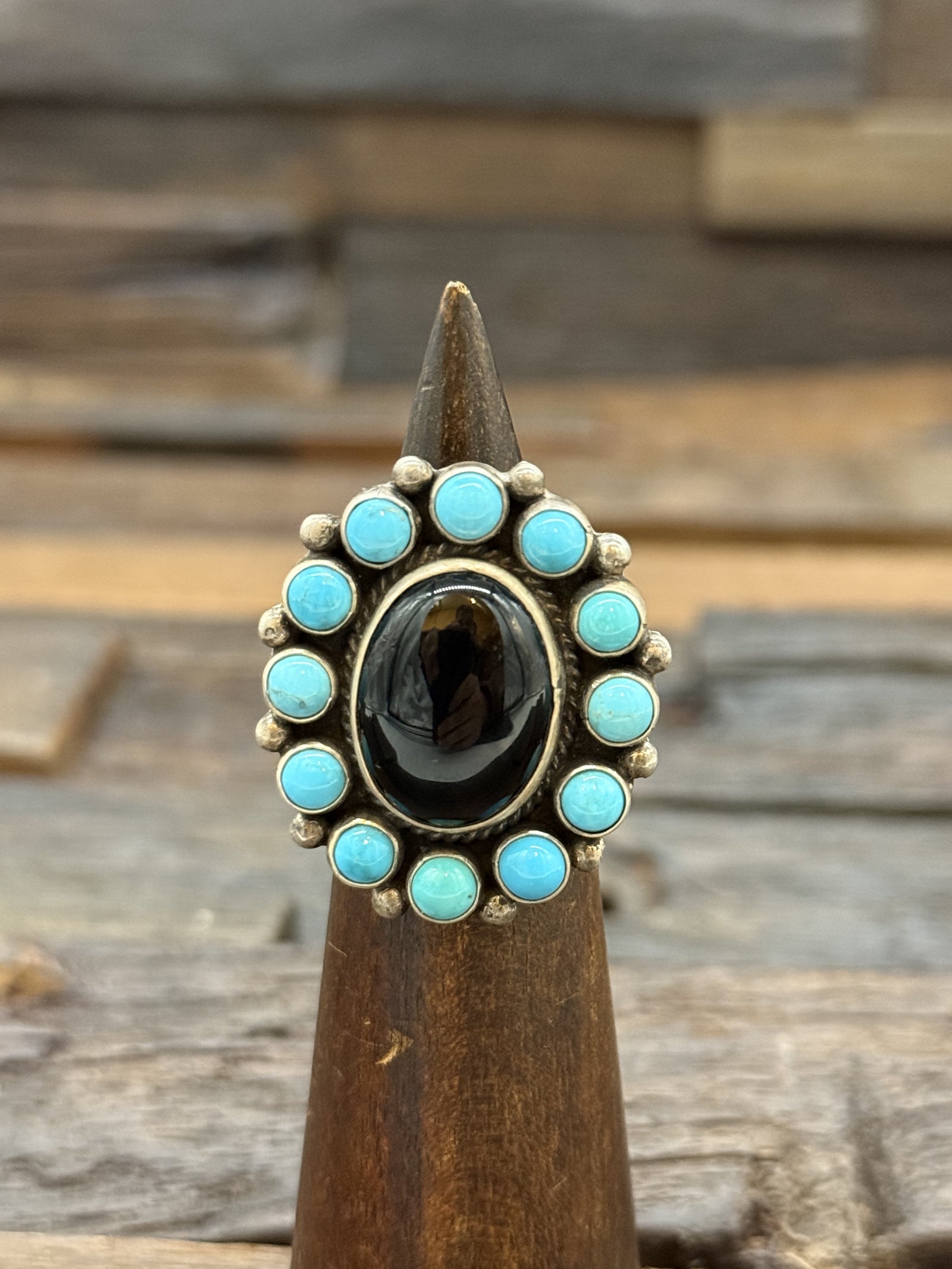 Onyx and Turquoise Ring by Linda Yazzie Size 8.5