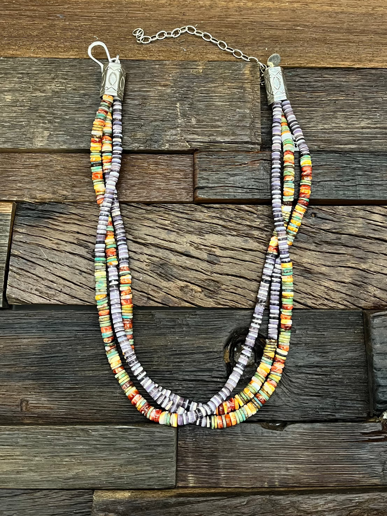 3 Strand Turquoise, Spiny, and Wampum Shell Necklace by Fred Archuleta