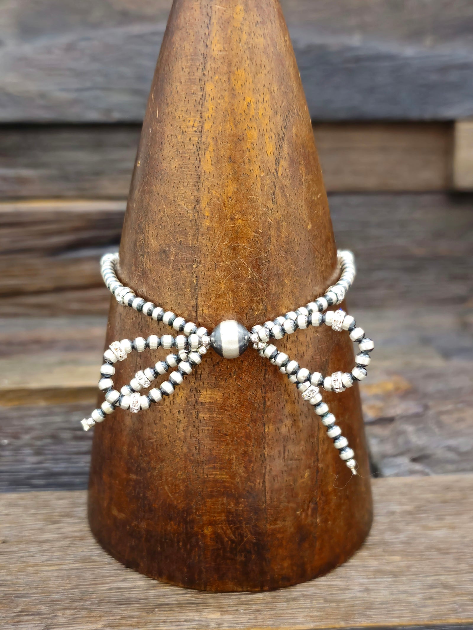 Oxidized Sterling Silver Small Bead Bow Bracelet with Cubic Zirconium 6 in.