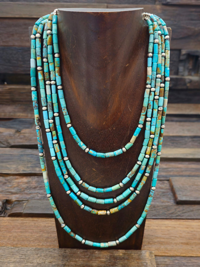 Fred  Archuleta Turquoise and Sterling Silver 5-Strand Bib Necklace 23.5 in.