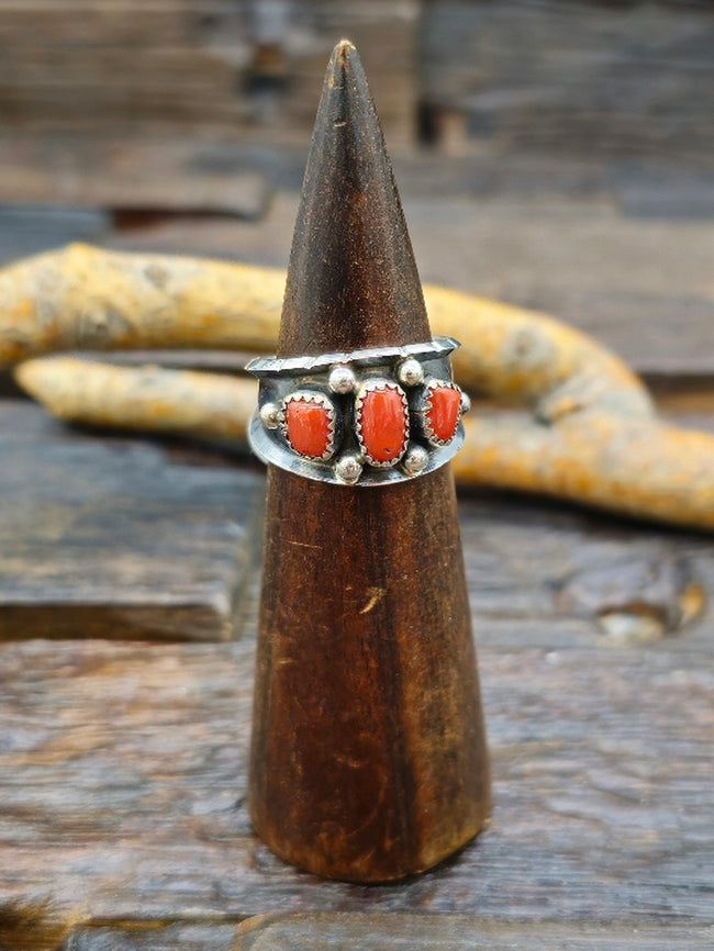 Three-Stone Sterling Silver Coral Ring by Reed Charley Size 11