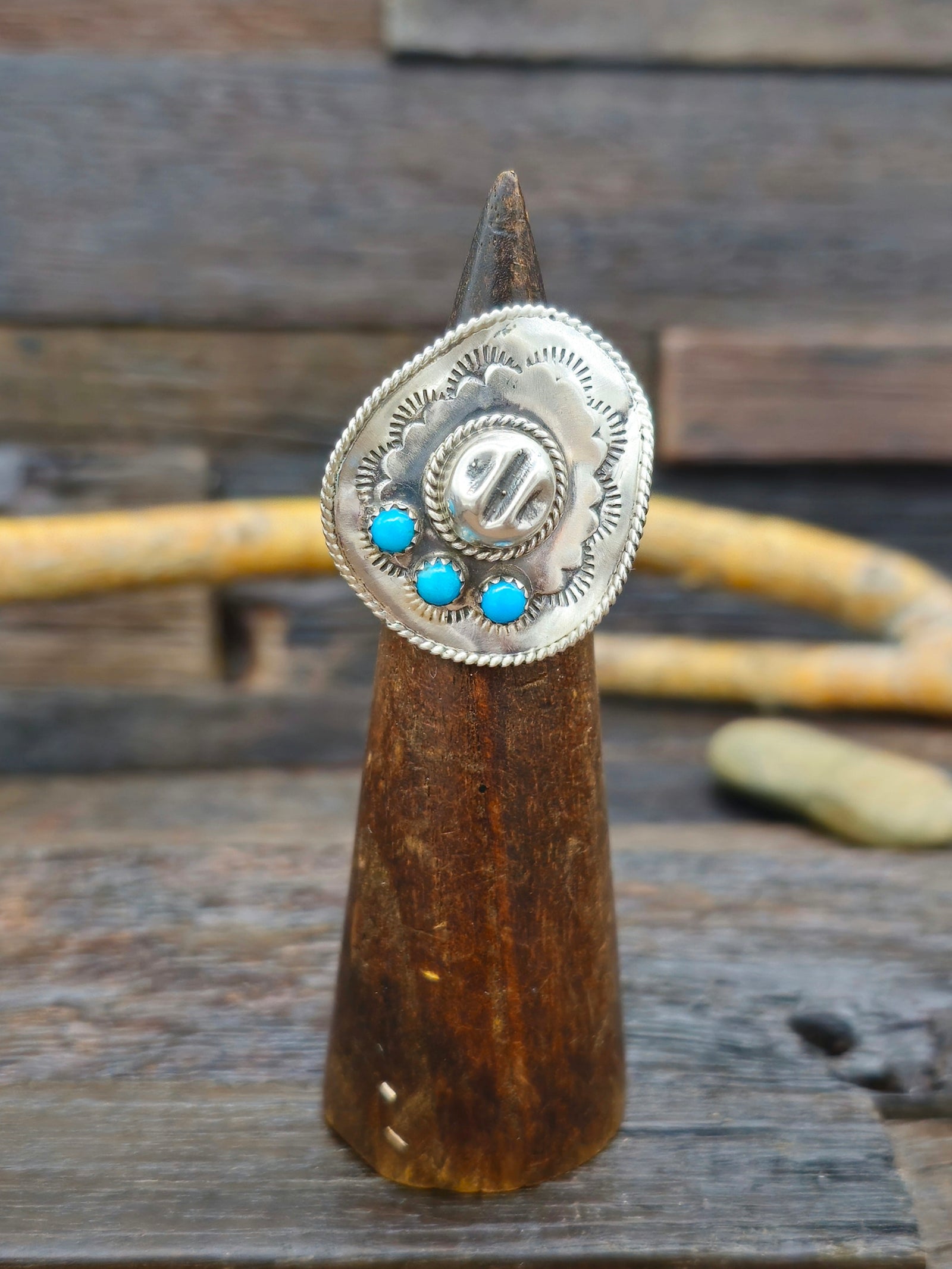 Sterling Silver Cowboy Hat Ring with Turquoise by Bobby Platero Size 6