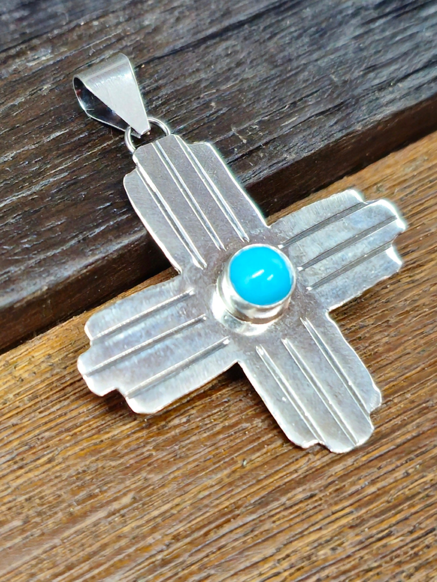 Zia Sterling Silver Pendant with Small Turquoise Stone by Lucille Platero