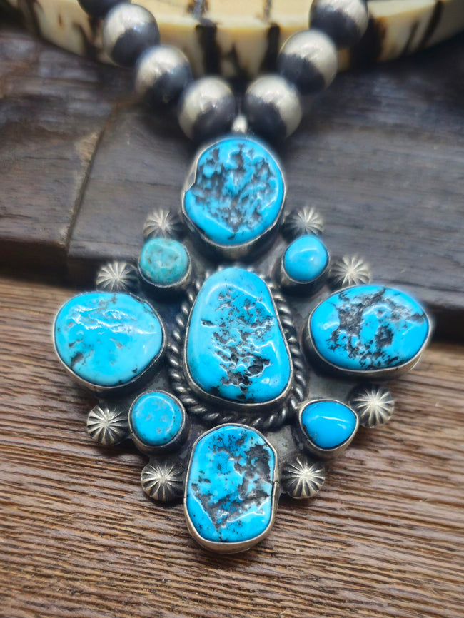 Turquoise Cluster Oxidized Sterling Silver Bead Necklace and Earring Set by Wilson Dawes - 22 in.