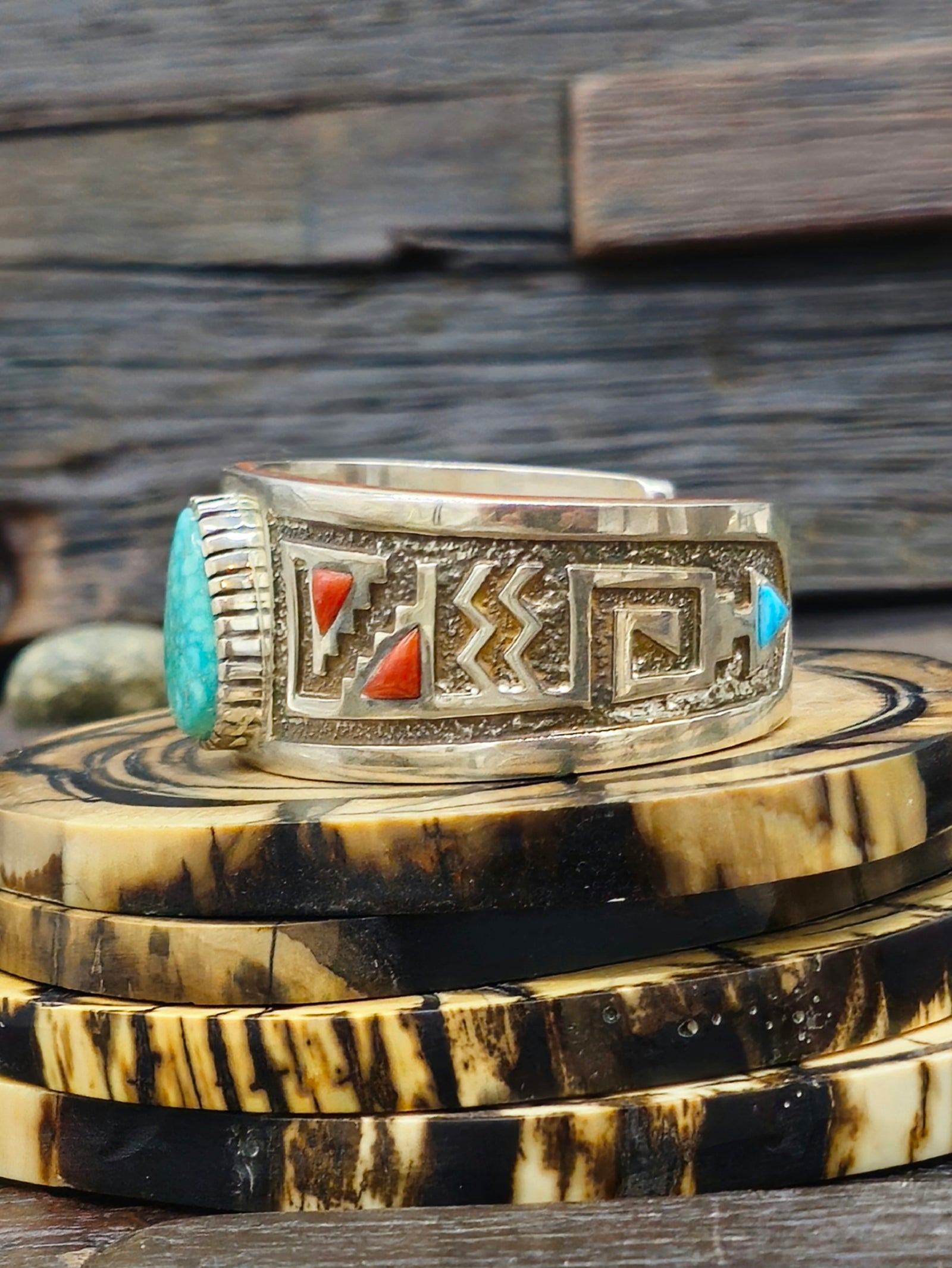 Turquoise and Coral Sterling Silver Cuff by Michael Perry - 6 1/4 in